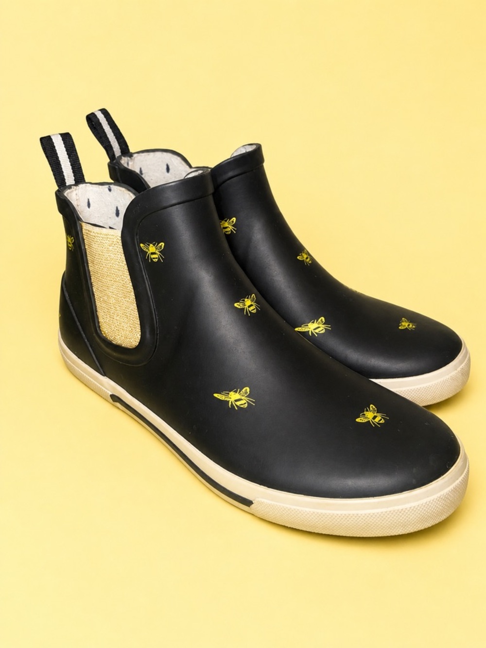 Joules Rainwell Bee Print Chelsea Rain Boots Black Gold Women’s US 7 EU 38